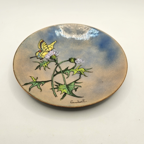 Enameled Copper Butterfly Thistle Trinket Ring Dish Artist Signed - Picture 2 of 8